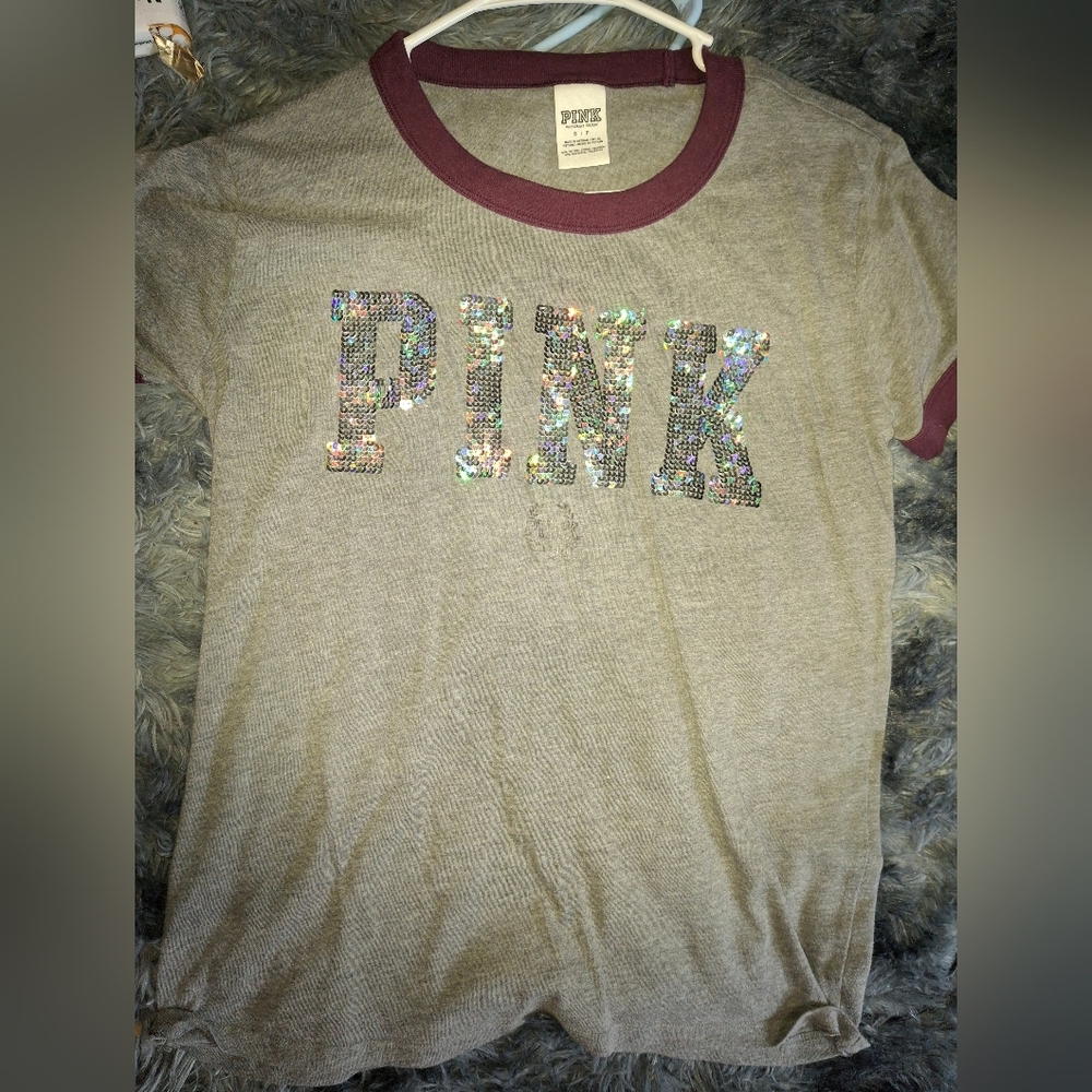 Pink Victoria's Secret  T-Shirt with Sequin Logo - Gray and Maroon